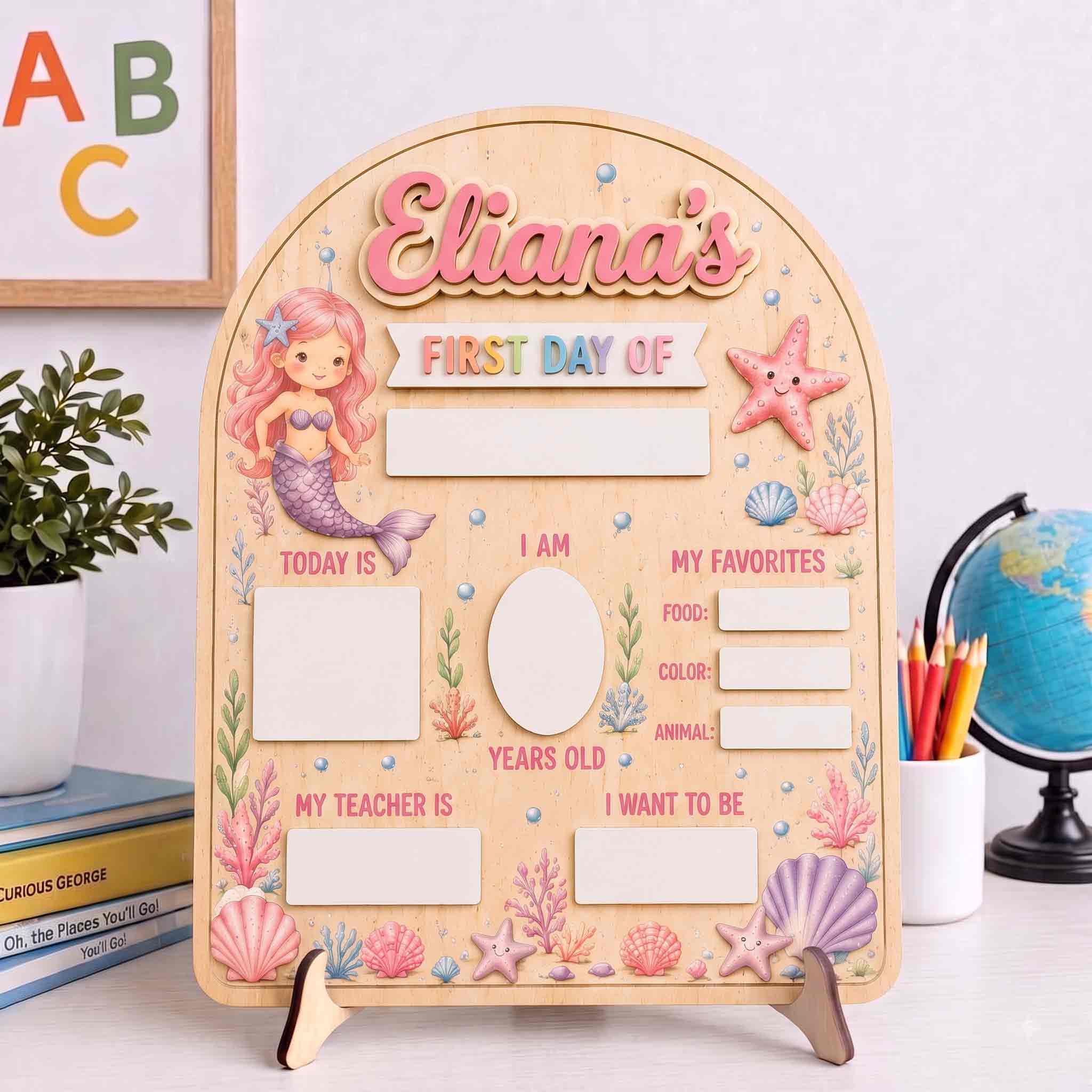 Personalized Mermaid Ocean Style First & Last Day School Sign, Reusable Dry Erase Board, Back to School Sign