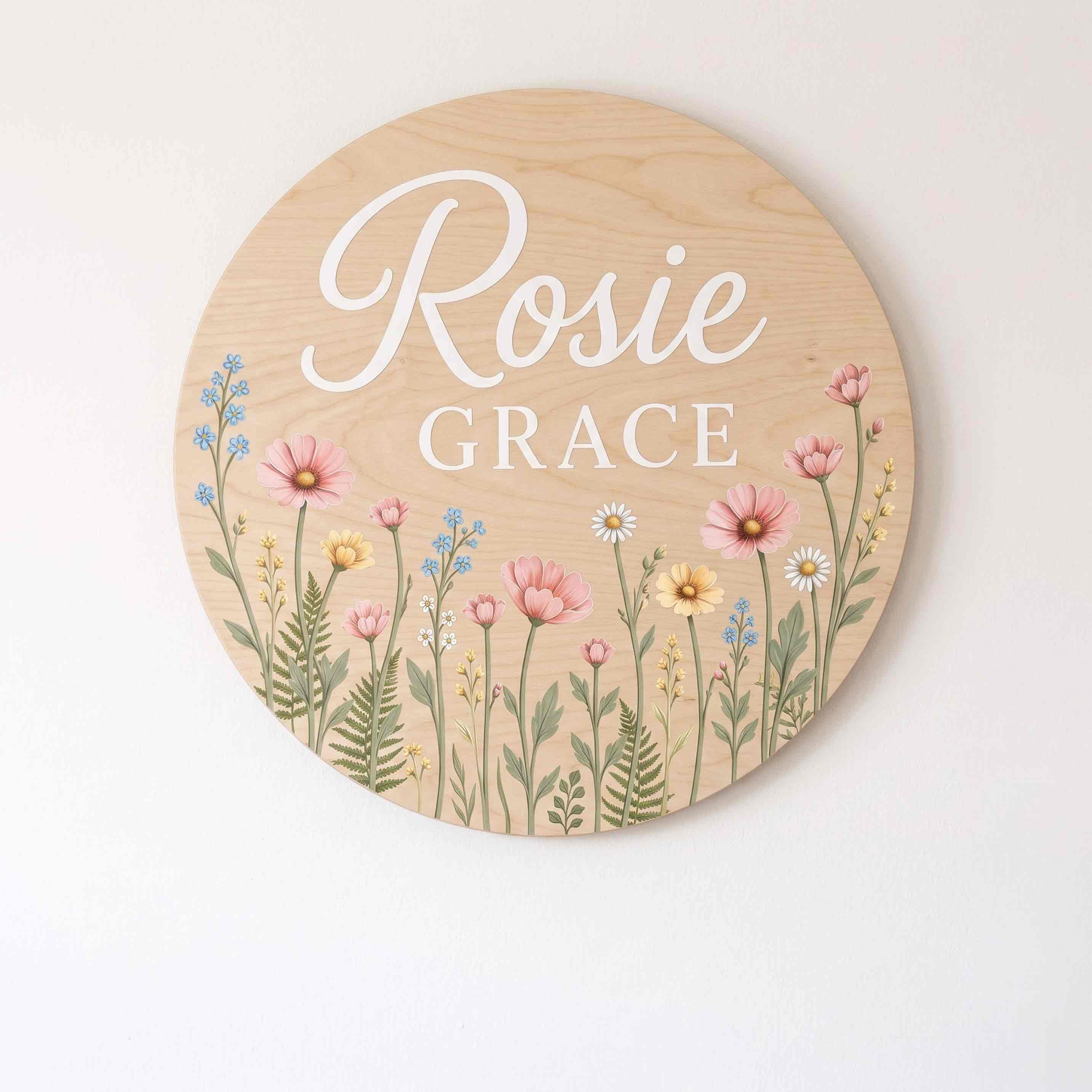 Personalized Wildflower Meadow Nursery Name Sign Wooden Baby Room Decor