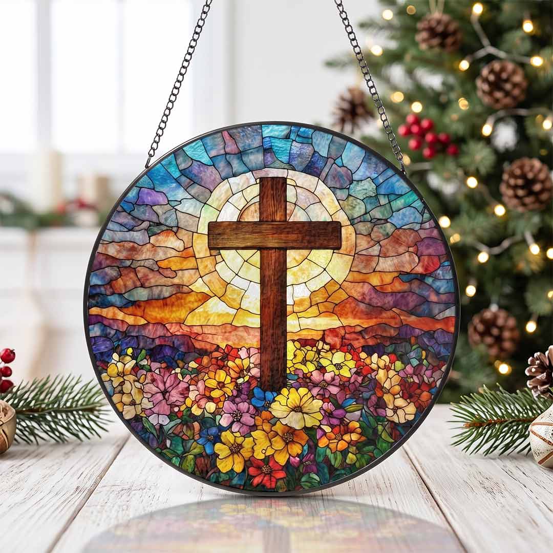 Floral Cross Faith Hope Spiritual Inspiration Nativity Stained Glass Suncatcher Christmas Ornament