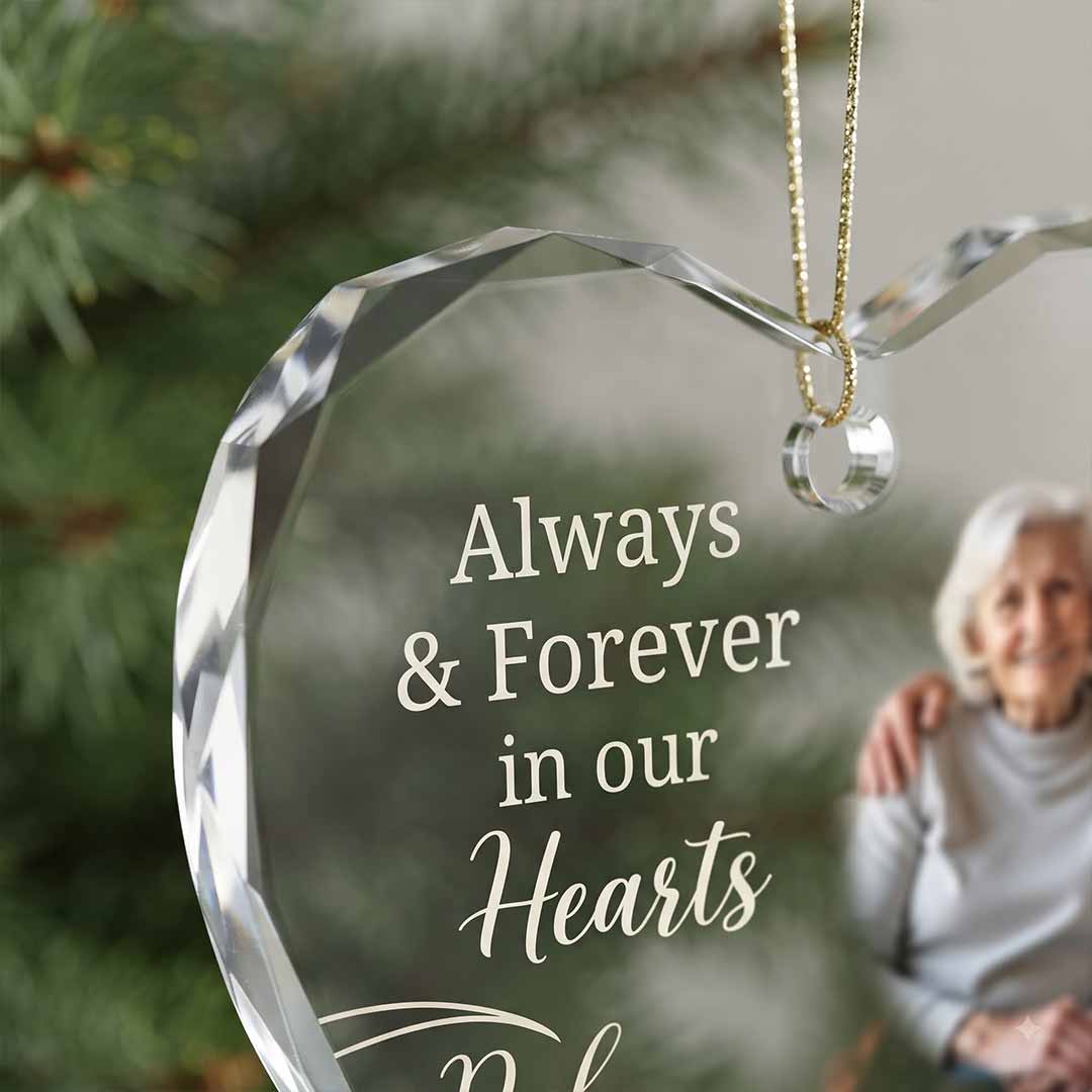 Always And Forever In Our Hearts Dad And Mooriam Tribute Personalized Memorial Custom Name Date Photo Heart Glass Ornament