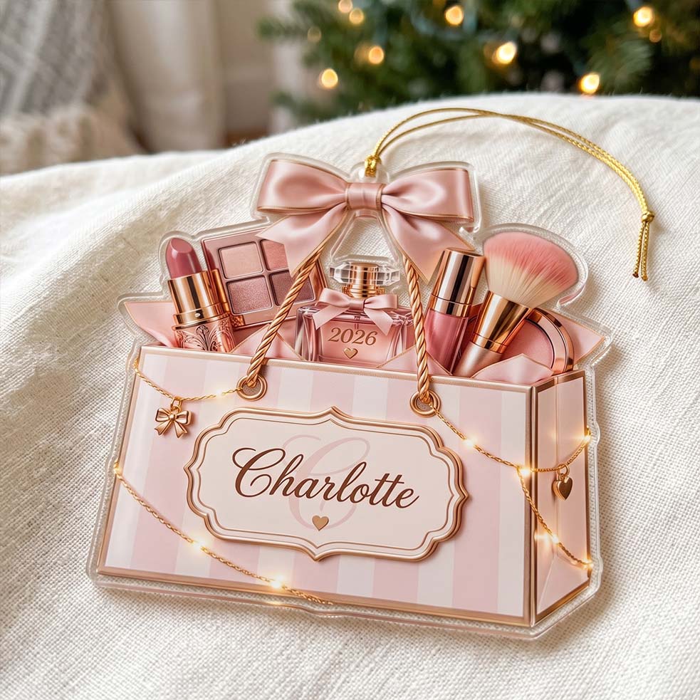 Blush Pink Makeup Bag Perfume Brush Custom Name Date Acrylic Christmas Ornament Beauty Lover Christmas Tree Decor Gift