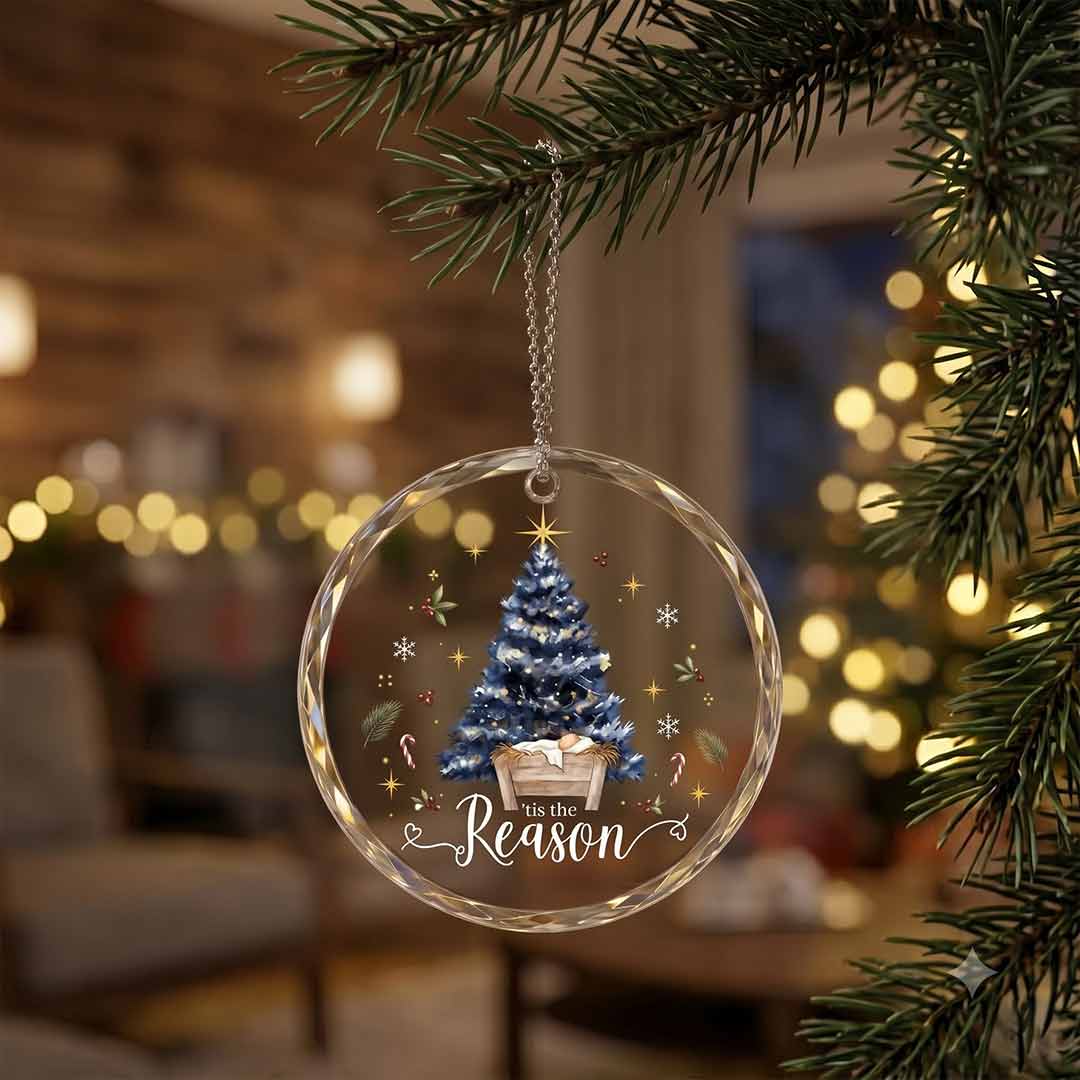 Tis The Reason Nativity Baby Manger Blue Christmas Tree Nativity Round Glass Christmas Ornament