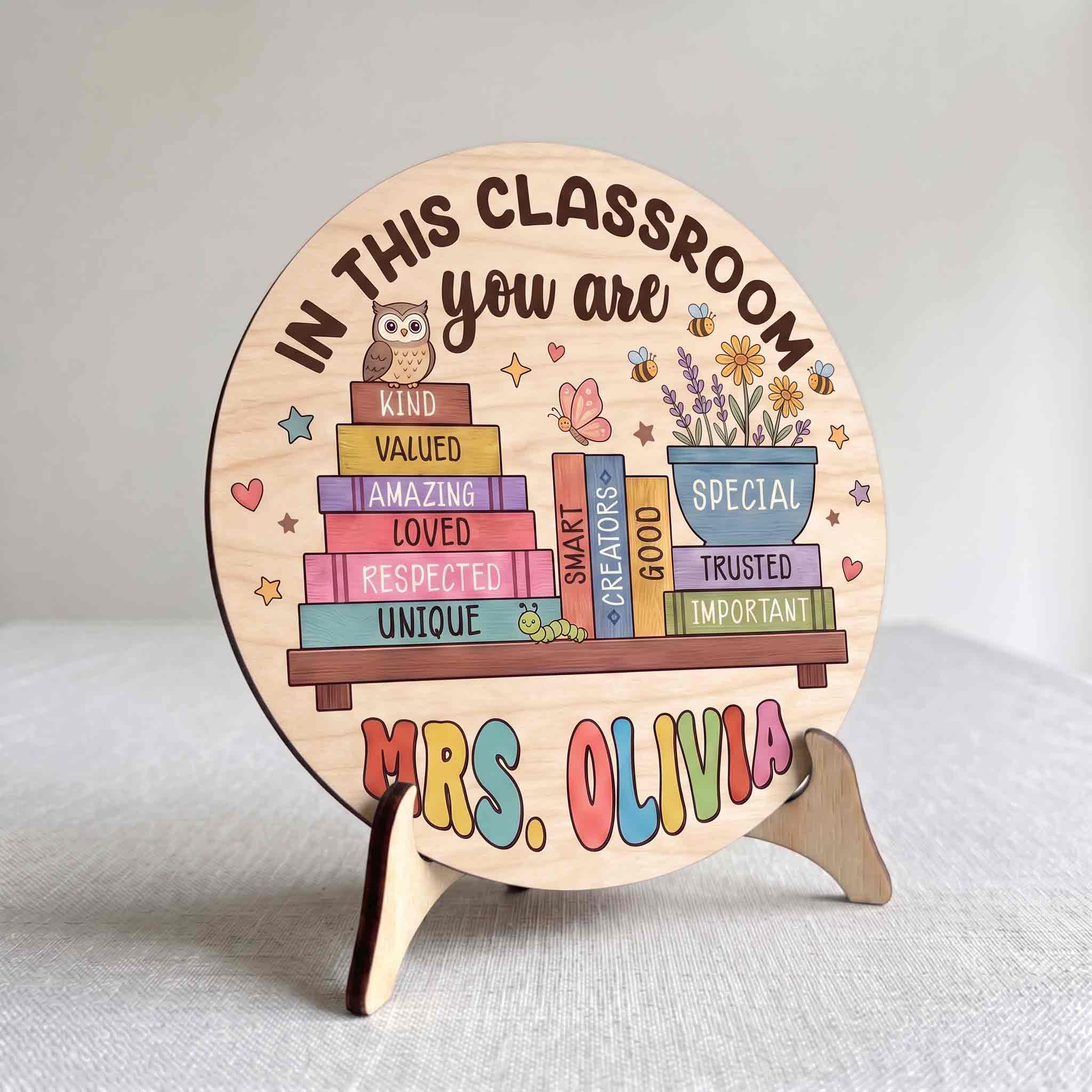Personalized In This Classroom You Are Welcome Sign, Custom Teacher Classroom Door Decor with Inspirational Book Stack Wooden School Sign