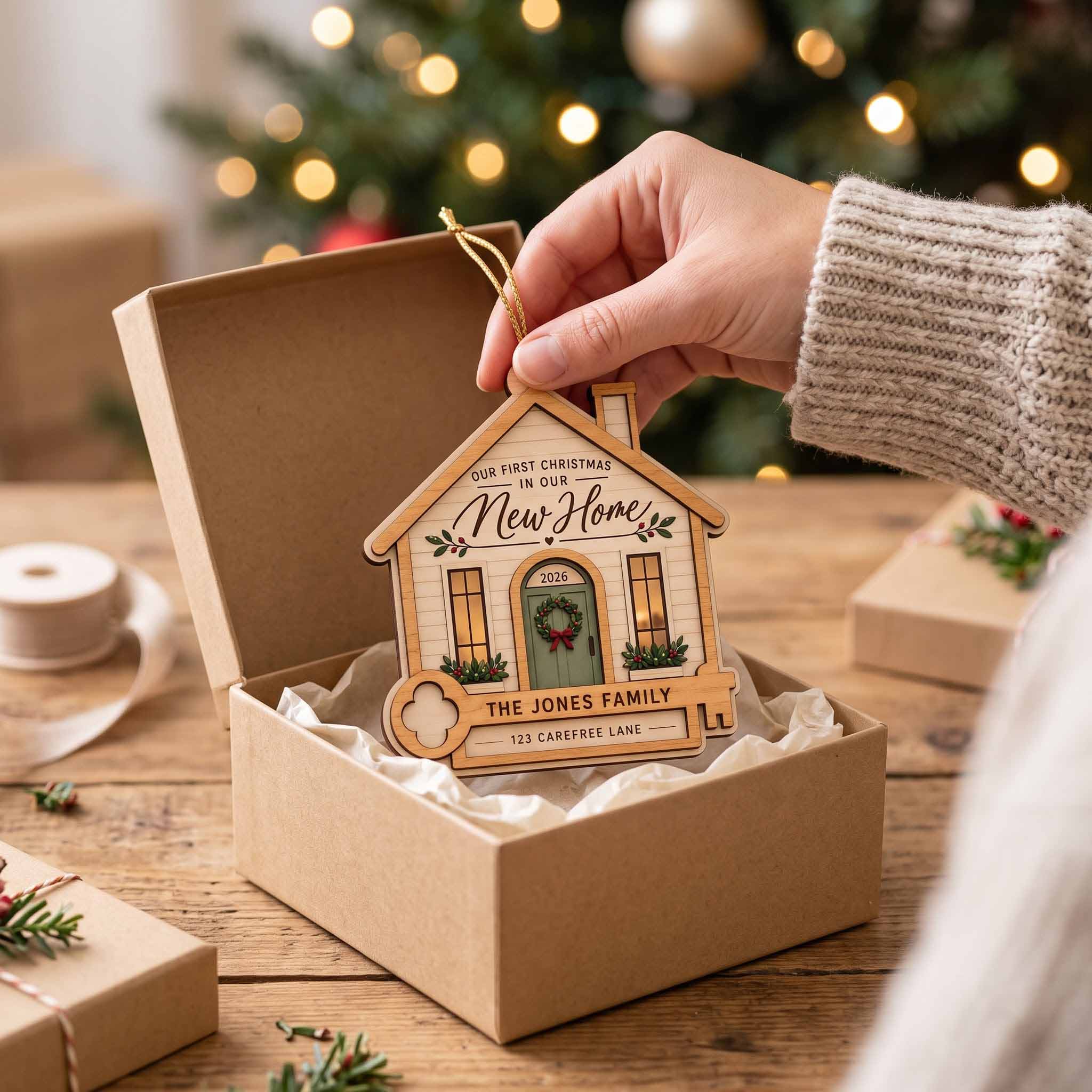 First Christmas In Our New Home 2026 House With Key Custom Name & Address New Home Wooden Christmas Ornament