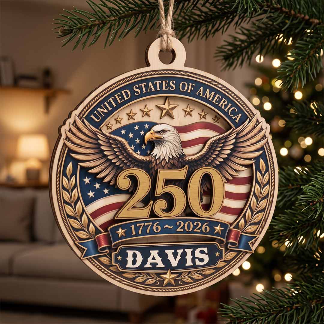 Freedom 250 America's 250th Patriotic Heritage American Pride Personalized Custom Name Patriotic Keepsake 1-Layer Wooden Christmas Ornament for Patriots Gift