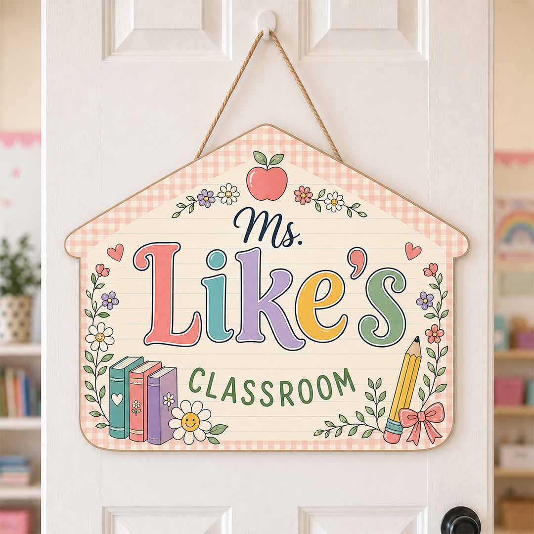 Personalized Teacher Name Wooden Sign Door Hanger Floral Schoolhouse Wooden Classroom Decor, Back to School Sign