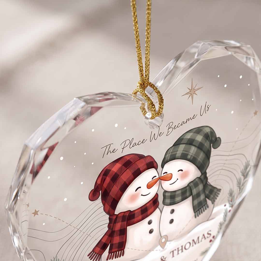 The Place We Became Us Snowman Couple Personalized Couple Custom Name Date Coordinates Address Gift Heart Glass Christmas Ornament