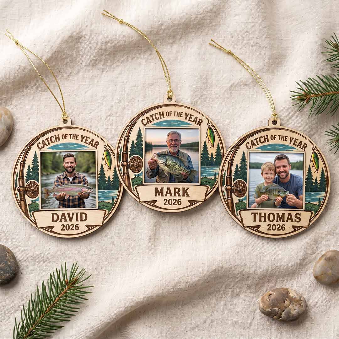 Catch of the Year Fishing Rod Fisherman Keepsake Personalized Custom Name Photo Fishing 1-Layer Wooden Christmas Ornament for Fishing Lovers Gift