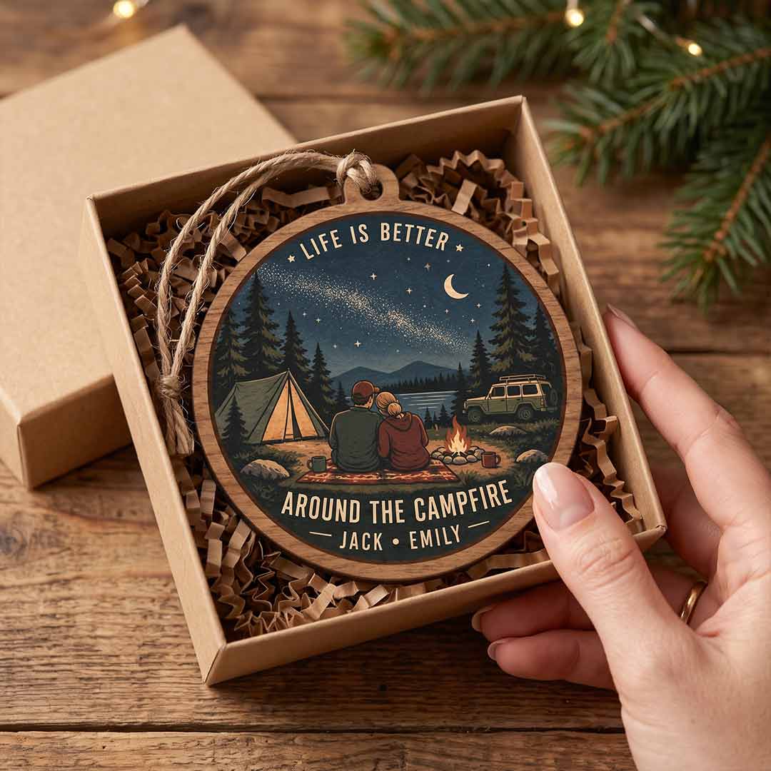 Life Is Better Around the Campfire Camping Adventure Keepsake Personalized Custom Name Campfire Couple 1-Layer Wooden Christmas Ornament for Outdoor Lovers