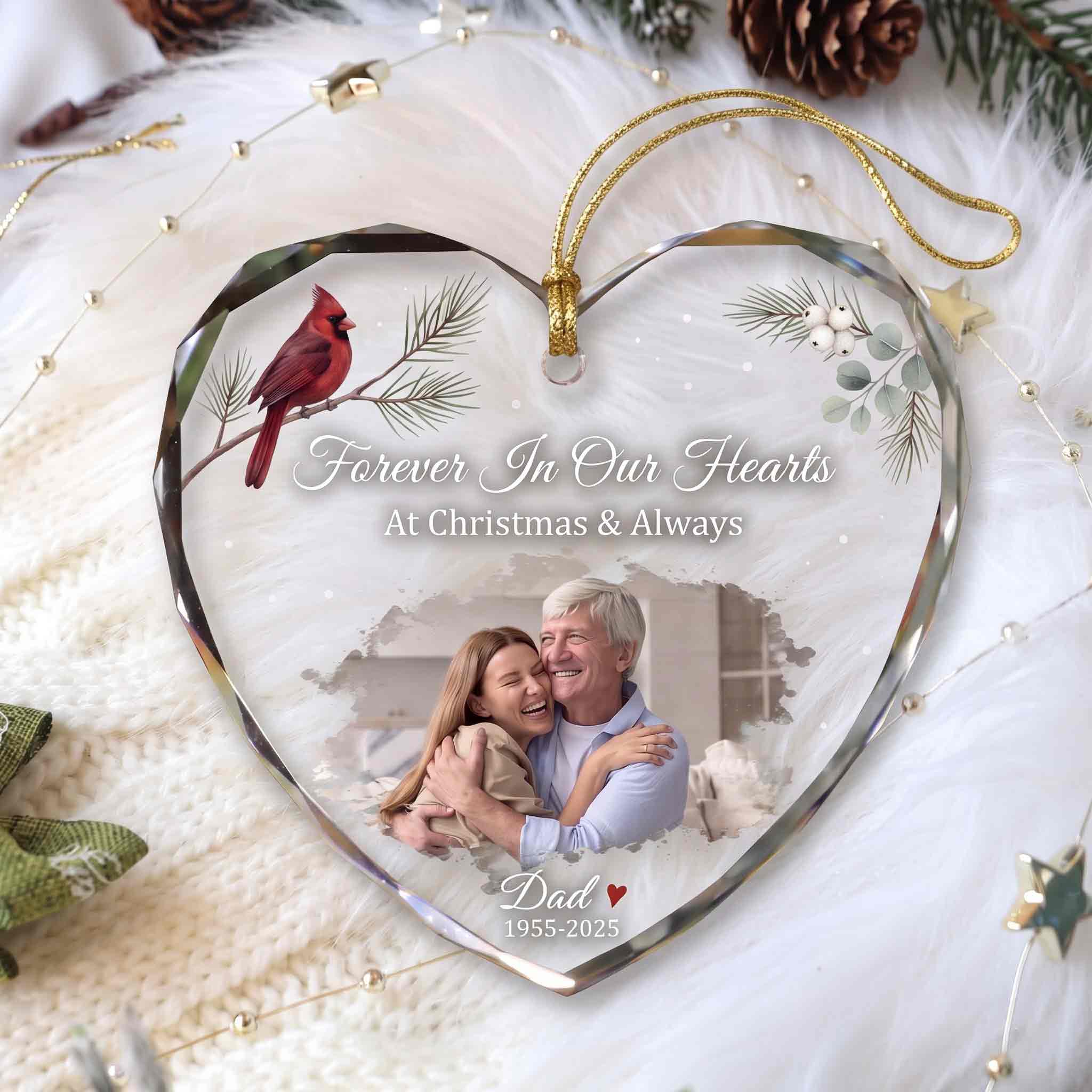 Memorial Dad Cardinal Winter Sprig Personalized Memorial Custom Name Date Photo In Loving Memory Gift Heart Glass Christmas Ornament