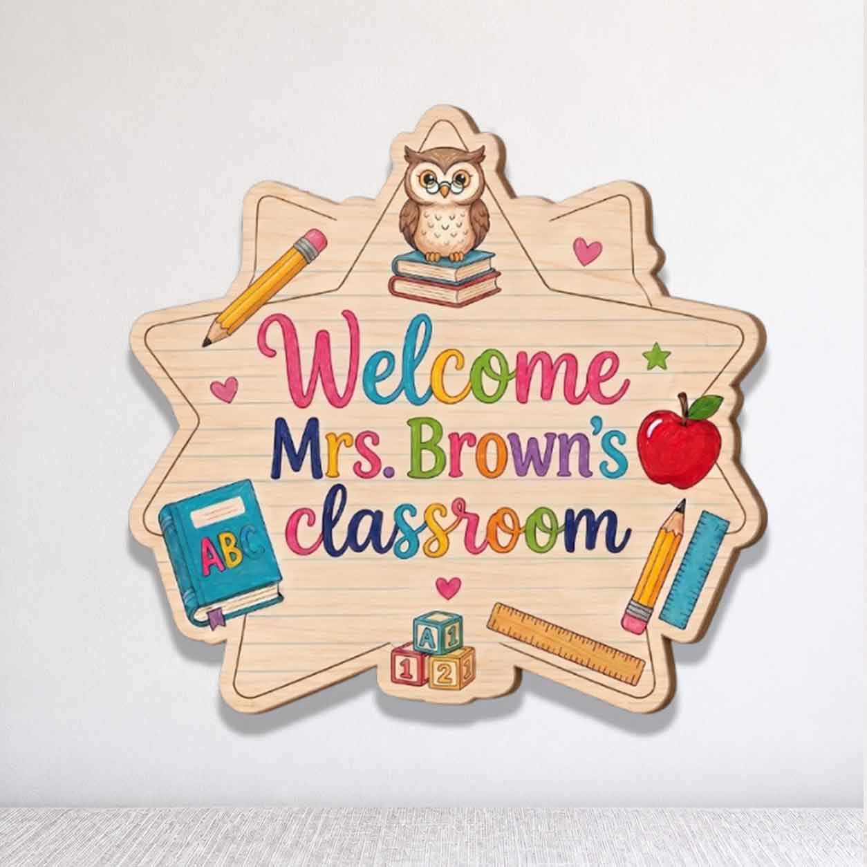 Personalized Teacher Name Wooden Sign Door Hanger Welcome Classroom Star Wooden Classroom Decor, Back to School Sign