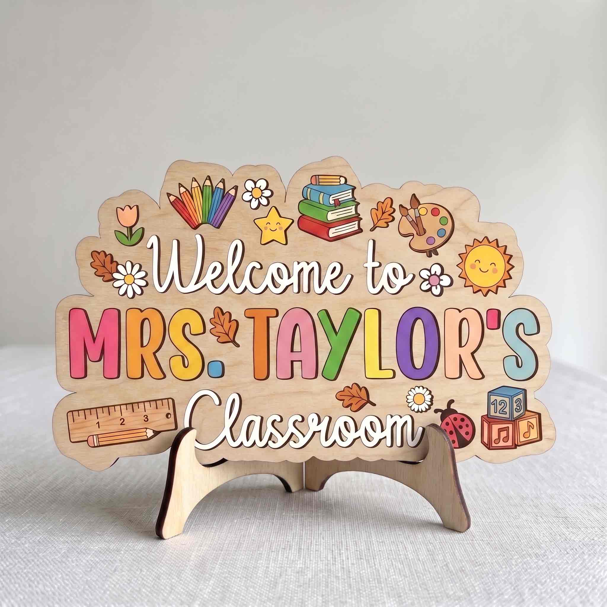 Personalized Rainbow Teacher Classroom Welcome Sign, Colorful School Supplies Classroom Decor Wooden Sign