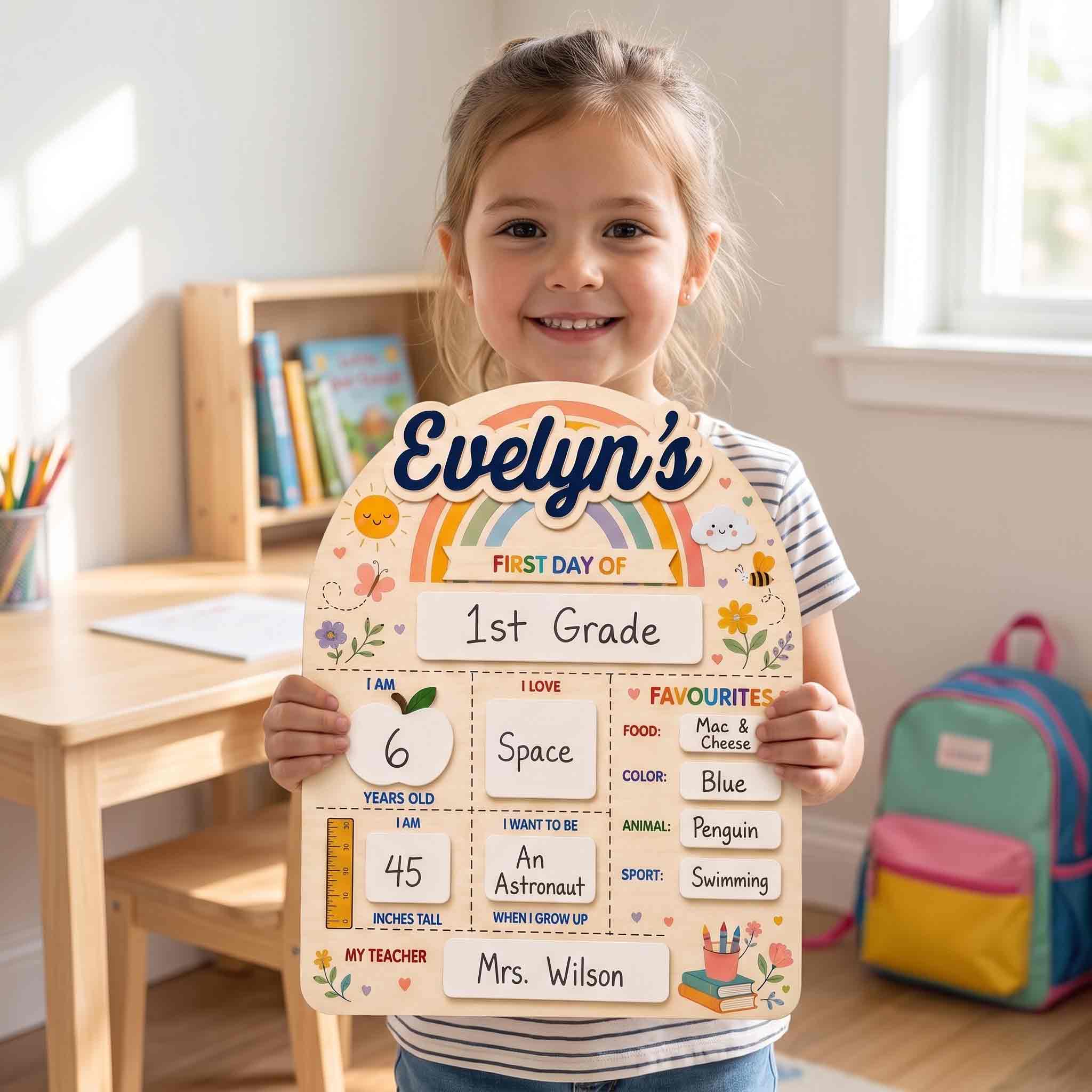 Personalized Rainbow Garden First & Last Day School Board, Reusable Dry Erase Board, Back to School Sign
