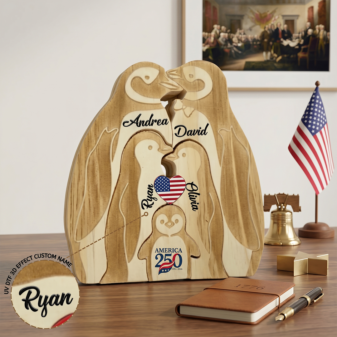 Personalized A250 Penguin 2,3,4,5 Pieces Family Edition Custom Wooden Puzzle