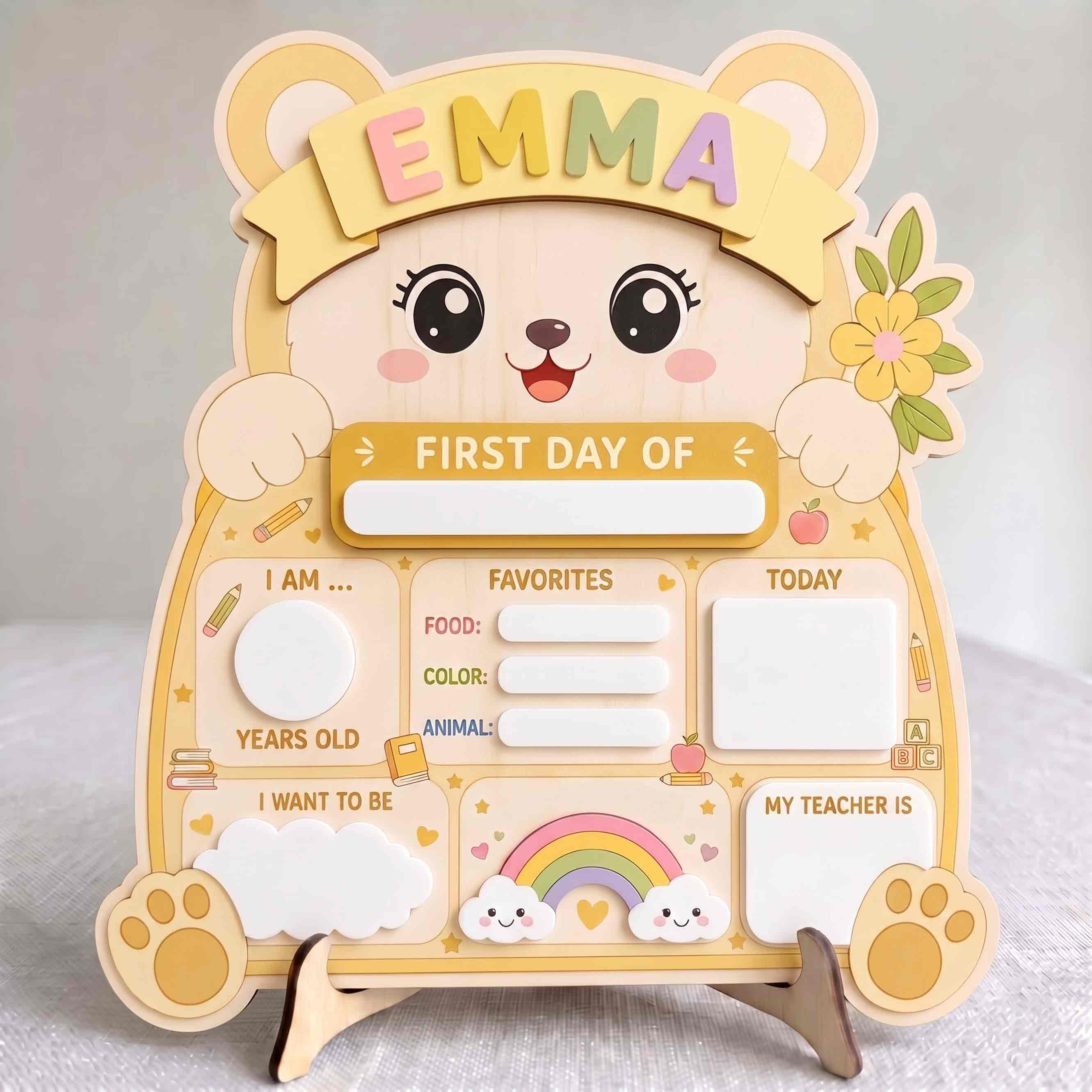 Personalized Yellow Teddy Bear First & Last Day School Sign, Reusable Dry Erase Board, Back to School Sign