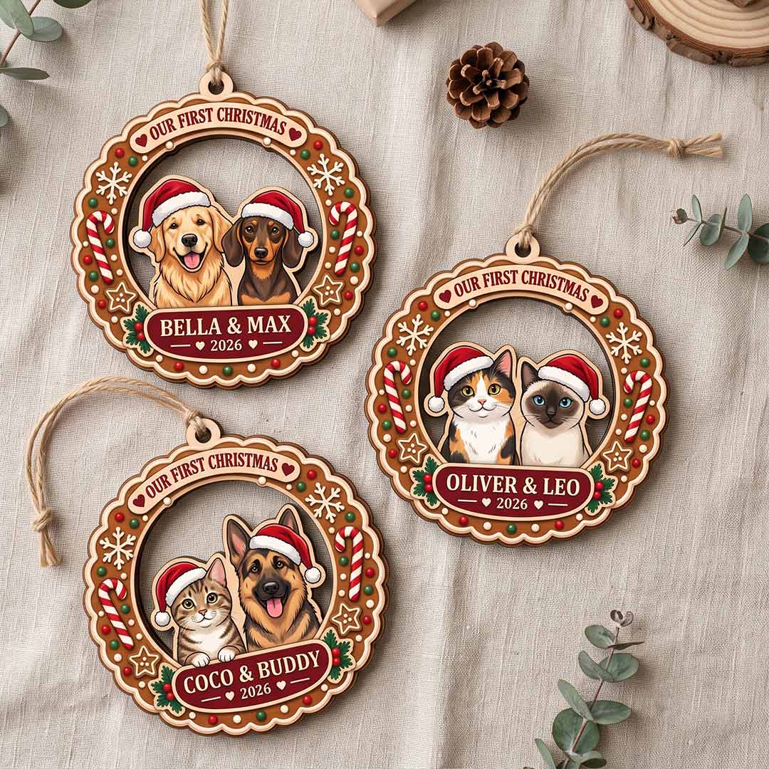 Multi Pet Christmas Wreath Personalized Dog Cat Breeds Custom Name Wooden Ornament