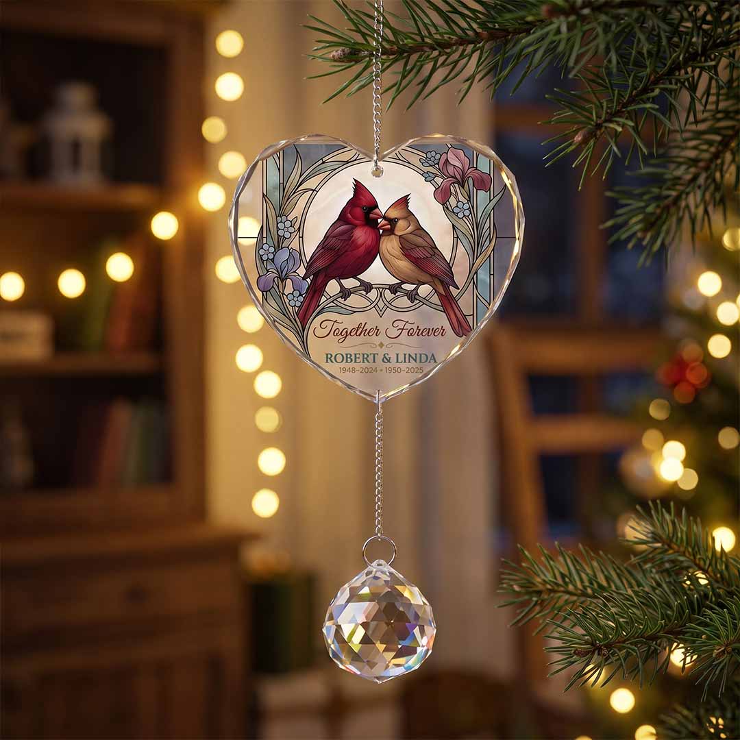 Together Forever Cardinal Love Personalized Couple Custom Name Date Memorial Keepsake Heart Glass Christmas Ornament With Crystal Charm