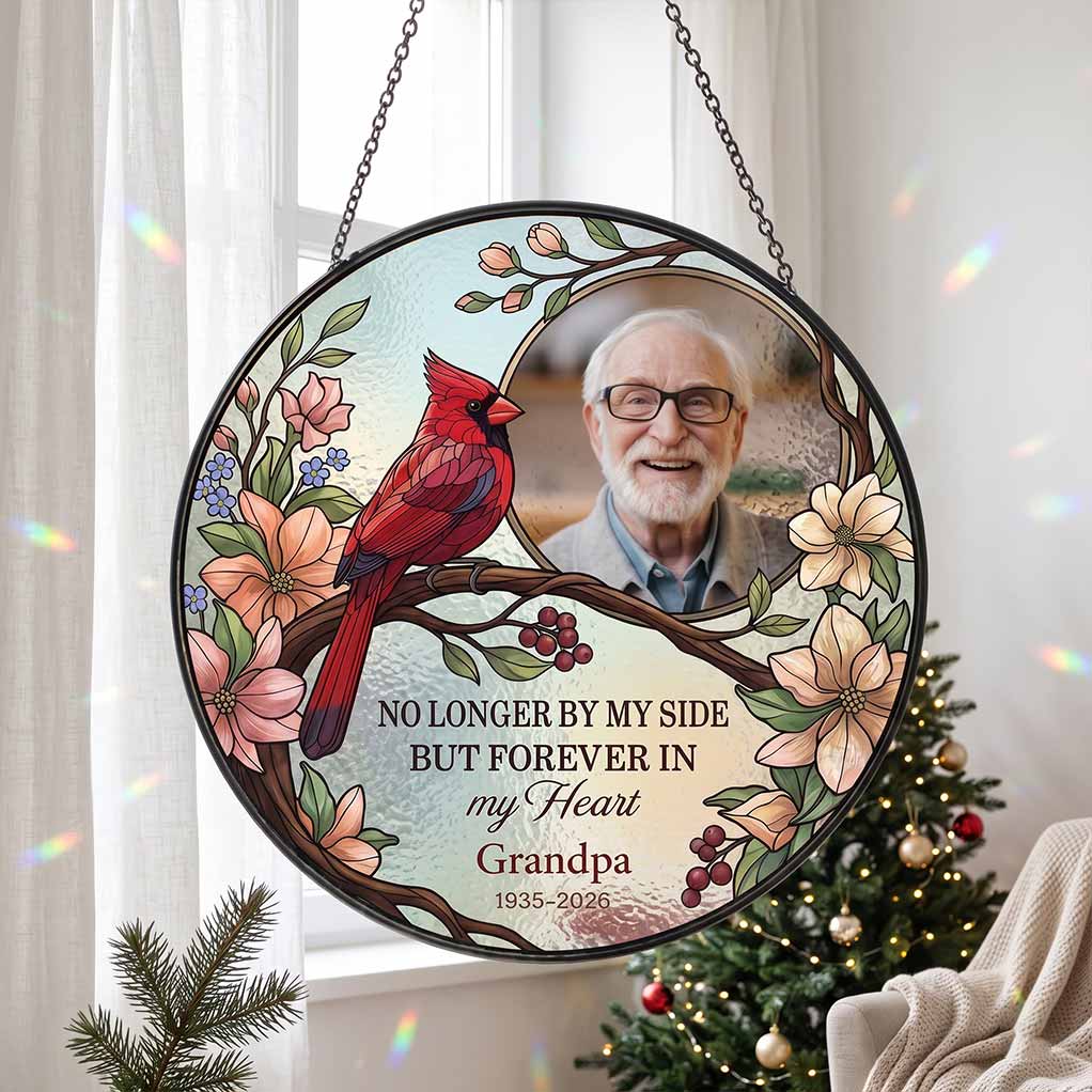 No Longer by My Side but Forever in My Heart 2026 Grandma Memorial Personalized Custom Name Date Photo Memorial Keepsake Stained Glass Suncatcher Ornament for Loss of Grandma