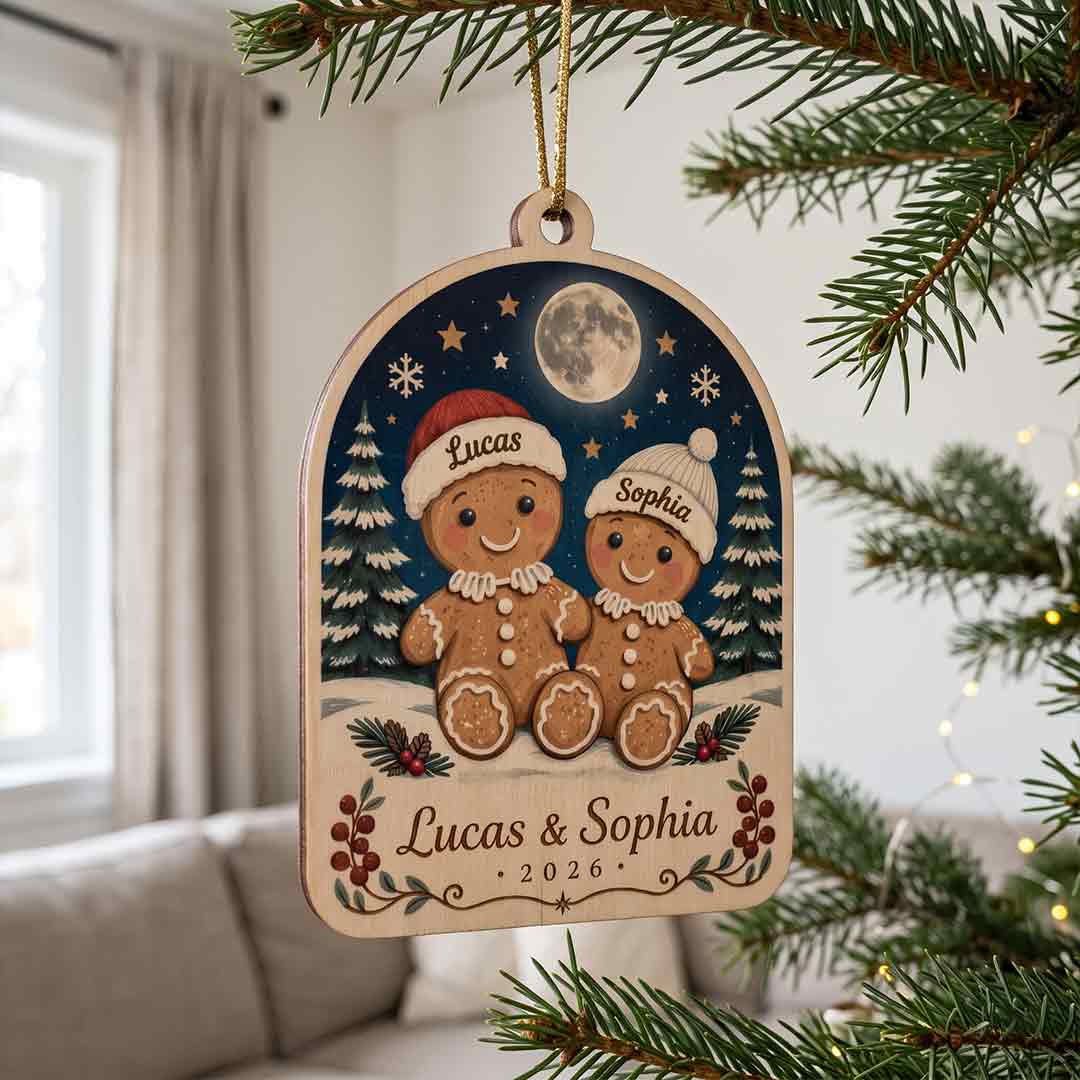 Gingerbread Kissing Couple Christmas Holiday Keepsake Personalized Custom Name Date Couples 1-Layer Wooden Christmas Ornament for Lovers Gift