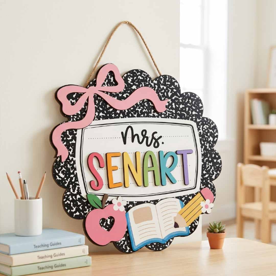 Personalized Teacher Name Wooden Sign Door Hanger Adorable Welcome Back Class With Bow Wooden Classroom Decor, Back to School Sign
