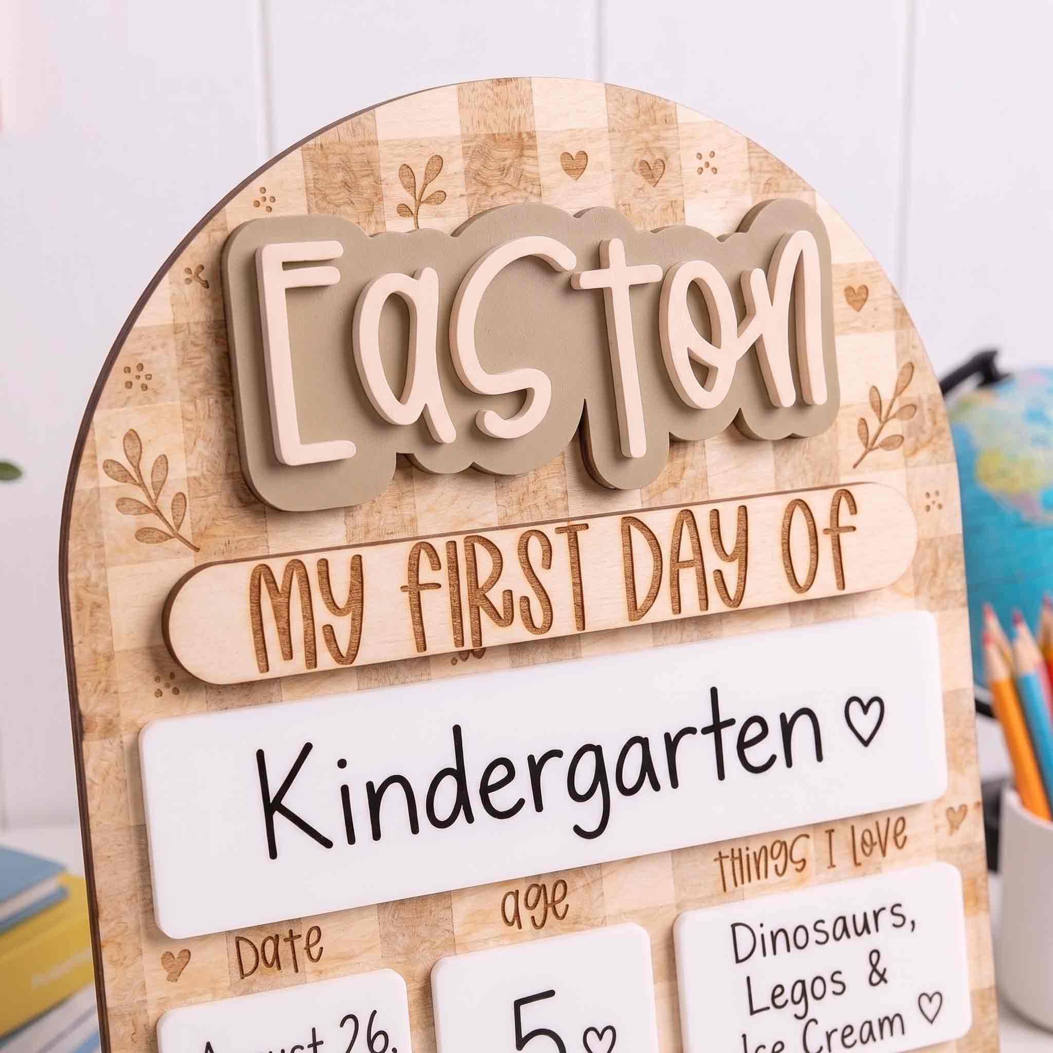 Personalized Beige Gingham First & Last Day School Sign, Reusable Dry Erase Board, Back to School Sign