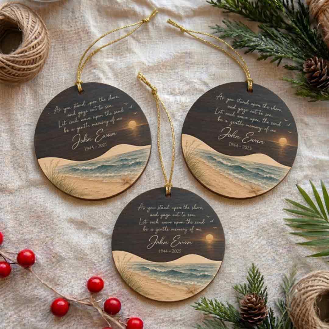 Memorial Beach Sunset In Loving Memory Gift Personalized Custom Name Date Memorial 1-Layer Wooden Christmas Ornament for Loss of Loved One