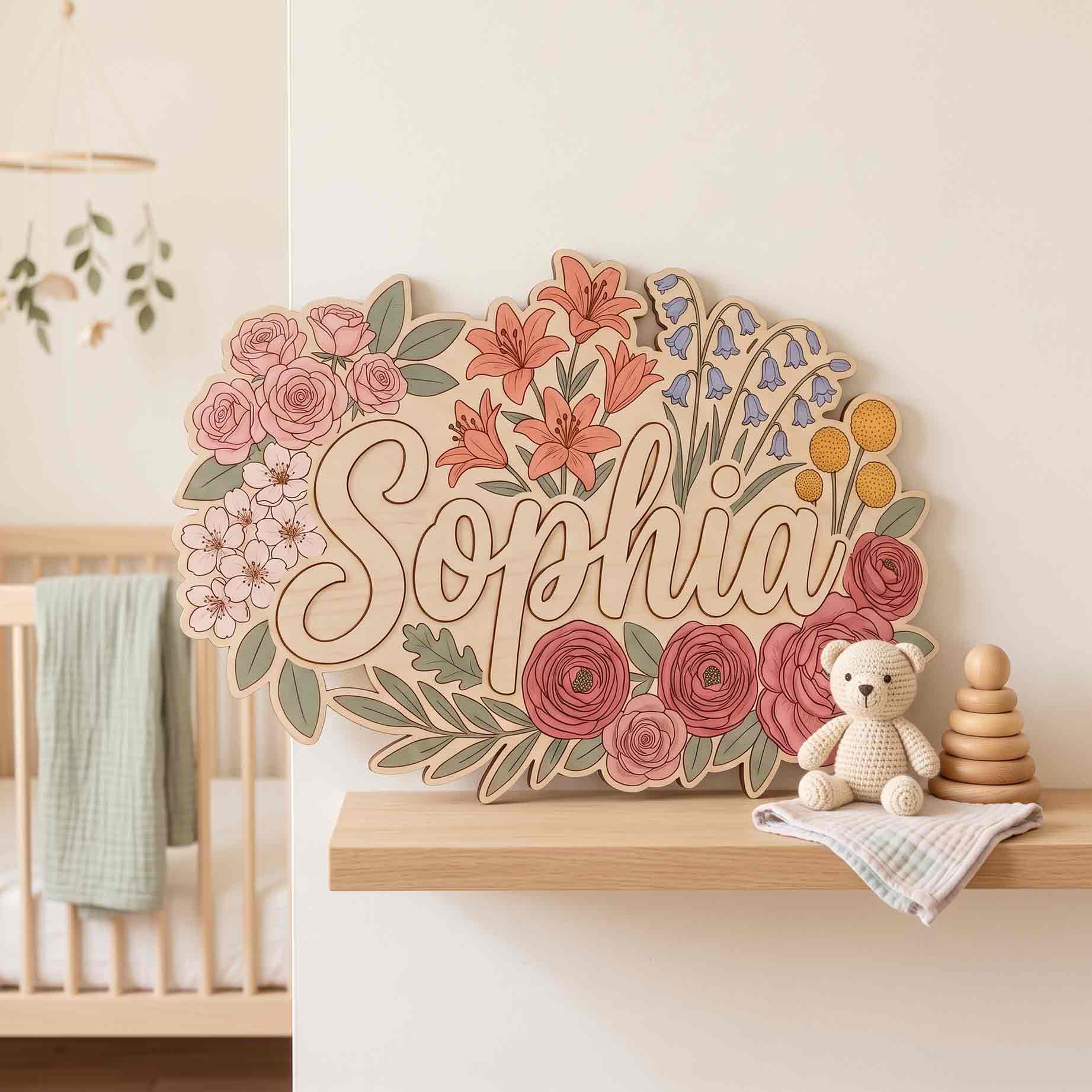 Personalized Botanical Flower Name Wooden Sign