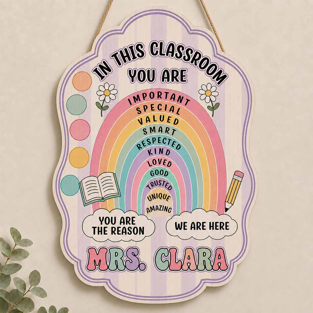 Personalized Teacher Name Wooden Sign Door Hanger You Are Reason Rainbow Themes Wooden Classroom Decor, Back to School Sign