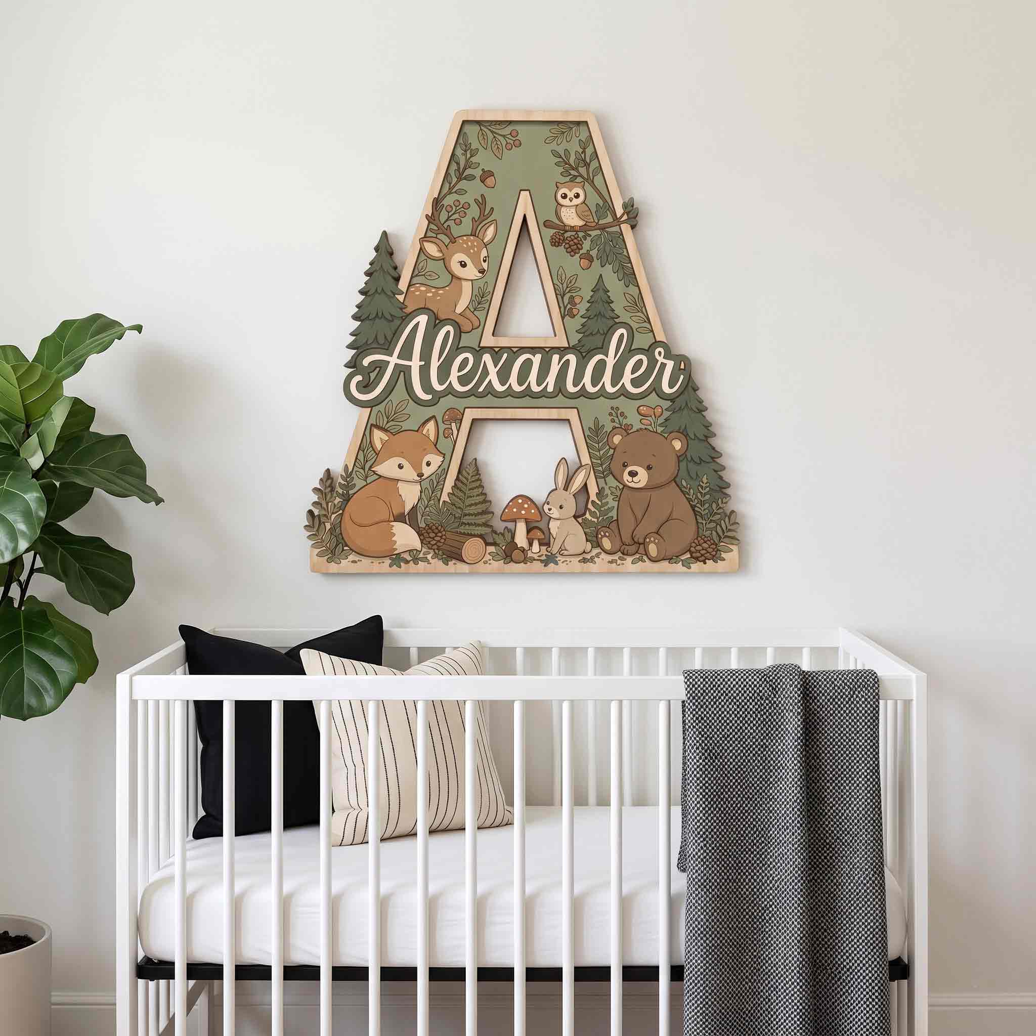 Personalized Woodland Animals Nursery Name Sign Wooden Baby Room Decor