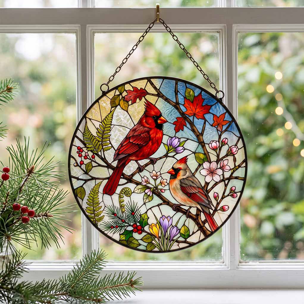 Cardinal Couple Four Seasons Floral Bird Lover Gift Nature Window Decor Couple Stained Glass Suncatcher Christmas Ornament