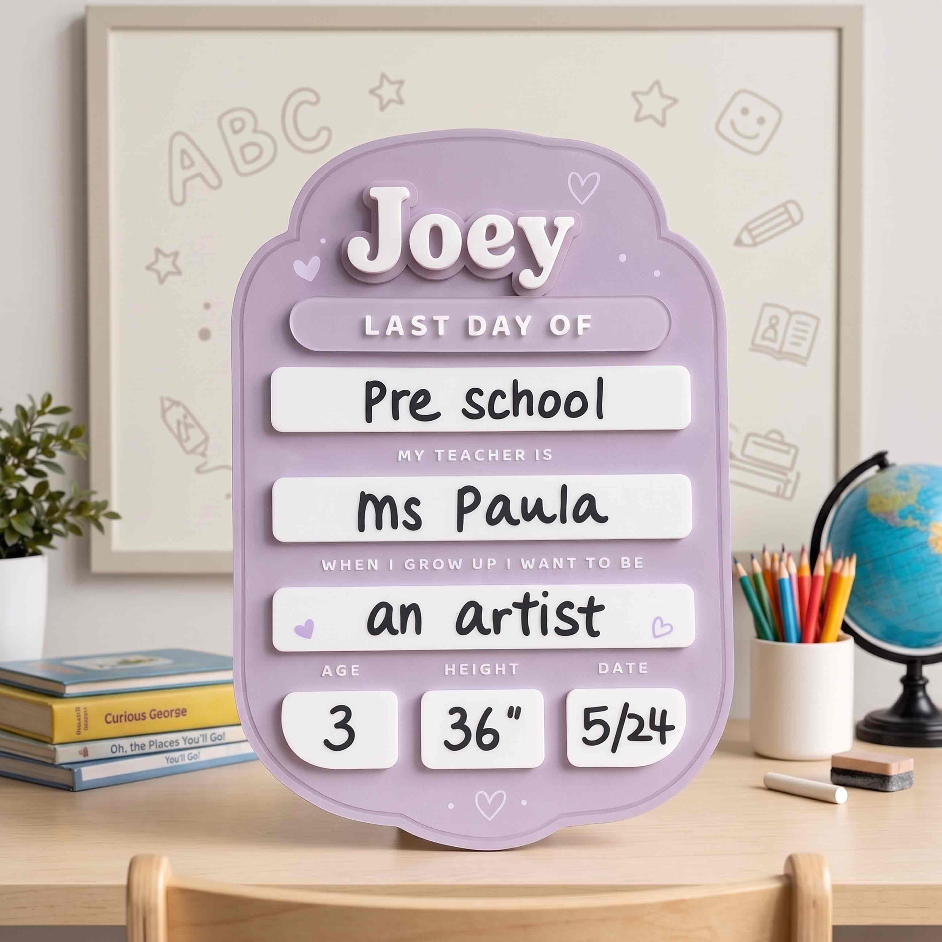 Personalized Pastel Lavender First & Last Day School Board, Reusable Dry Erase Board, Back to School Sign