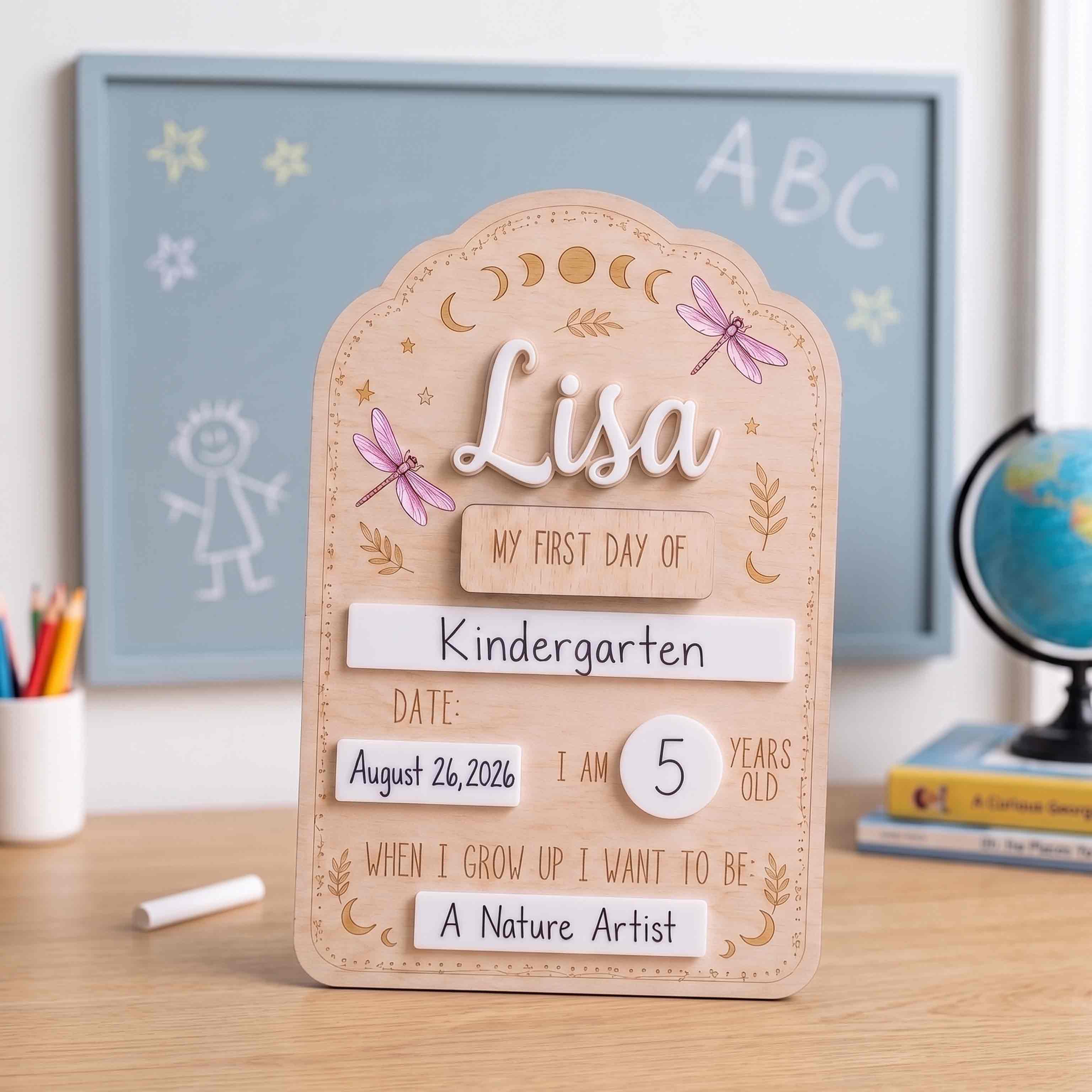 Personalized Moon Phase Dragonfly First & Last Day School Board, Reusable Dry Erase Board, Back to School Sign