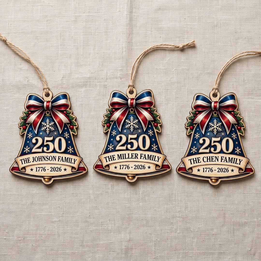 America's 250th Patriotic Bell American Pride Keepsake Personalized Custom Name Patriotic 1-Layer Wooden Christmas Ornament for American Families