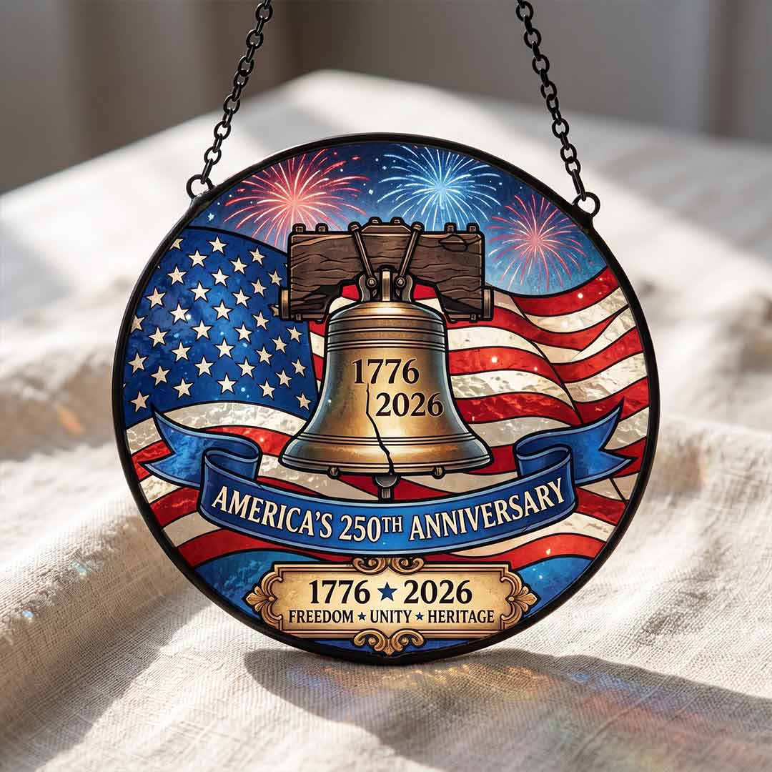 America's 250th Liberty Bell 1776-2026 Freedom Unity Heritage Patriotic Stained Glass Suncatcher Christmas Ornament