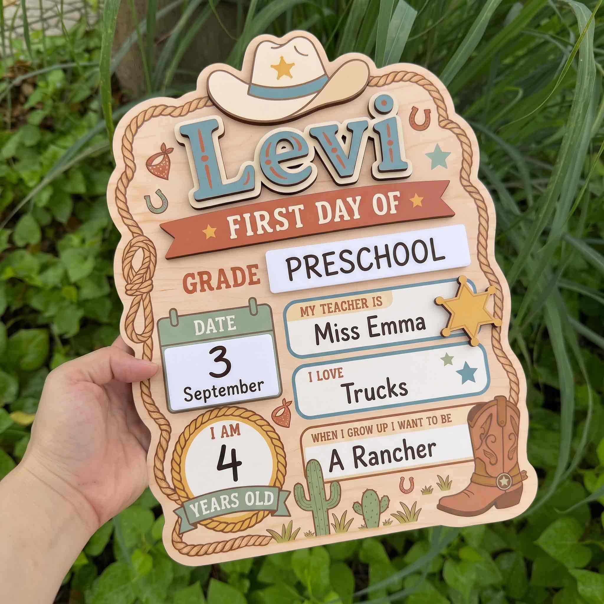 Personalized Western Cowboy First & Last Day School Sign, Reusable Dry Erase Board, Back to School Sign