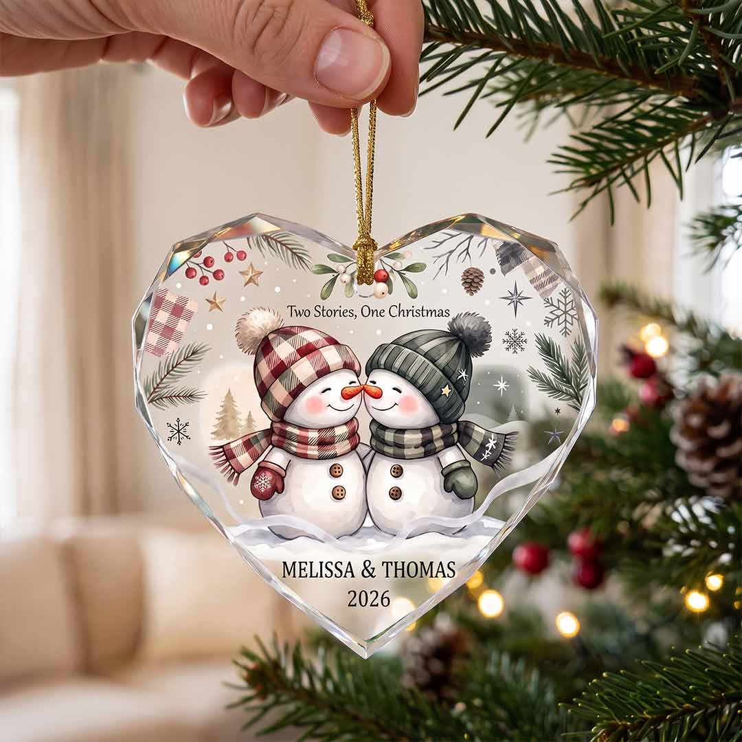 Two Stories One Christmas Snowman Couple Personalized Couple Custom Name Date Christmas Gift Heart Glass Christmas Ornament