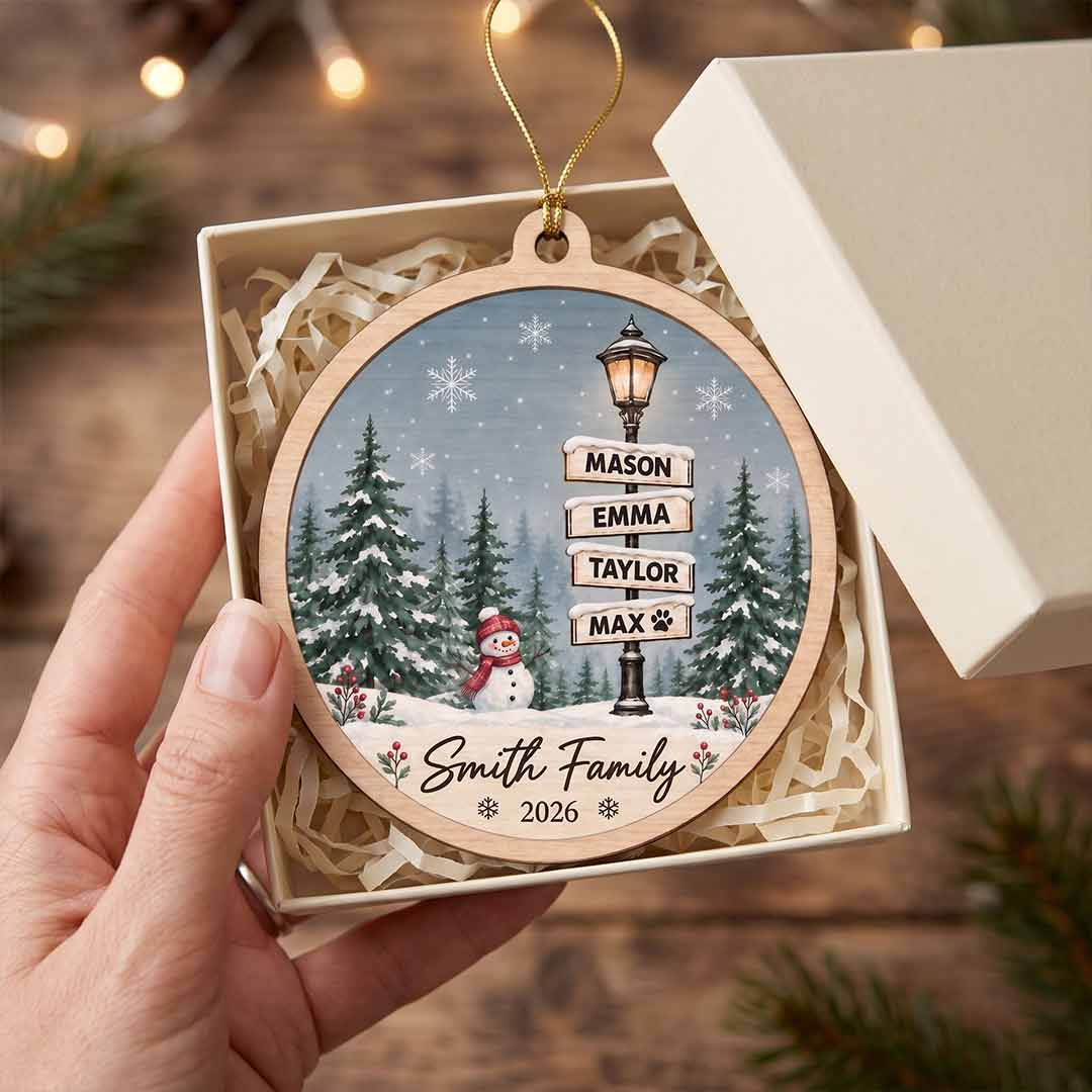 Winter Street Sign 2026 Xmas Holiday Keepsake Personalized Custom Name Date Family 1-Layer Wooden Christmas Ornament for Christmas Gift