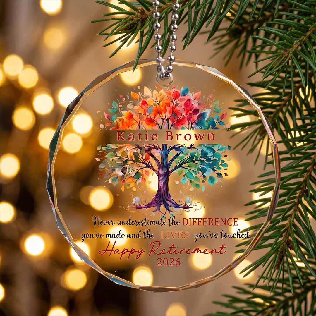 Tree of Life Happy Retirement Personalized Custom Name Date Retirement Round Glass Christmas Ornament for Retirement Gift