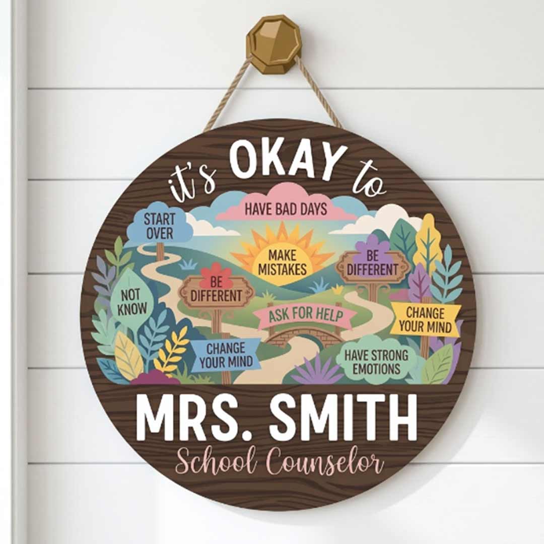 Personalized Teacher Name Wooden Sign Door Hanger It's Okay To Go School Counselor Sign Wooden Classroom Decor, Back to School Sign