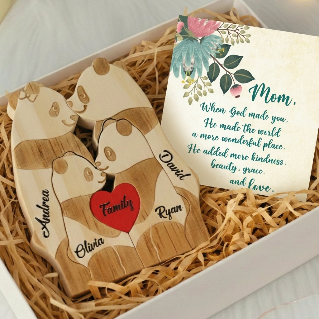 Personalized Panda 4 Pieces Family Edition Custom Wooden Puzzle