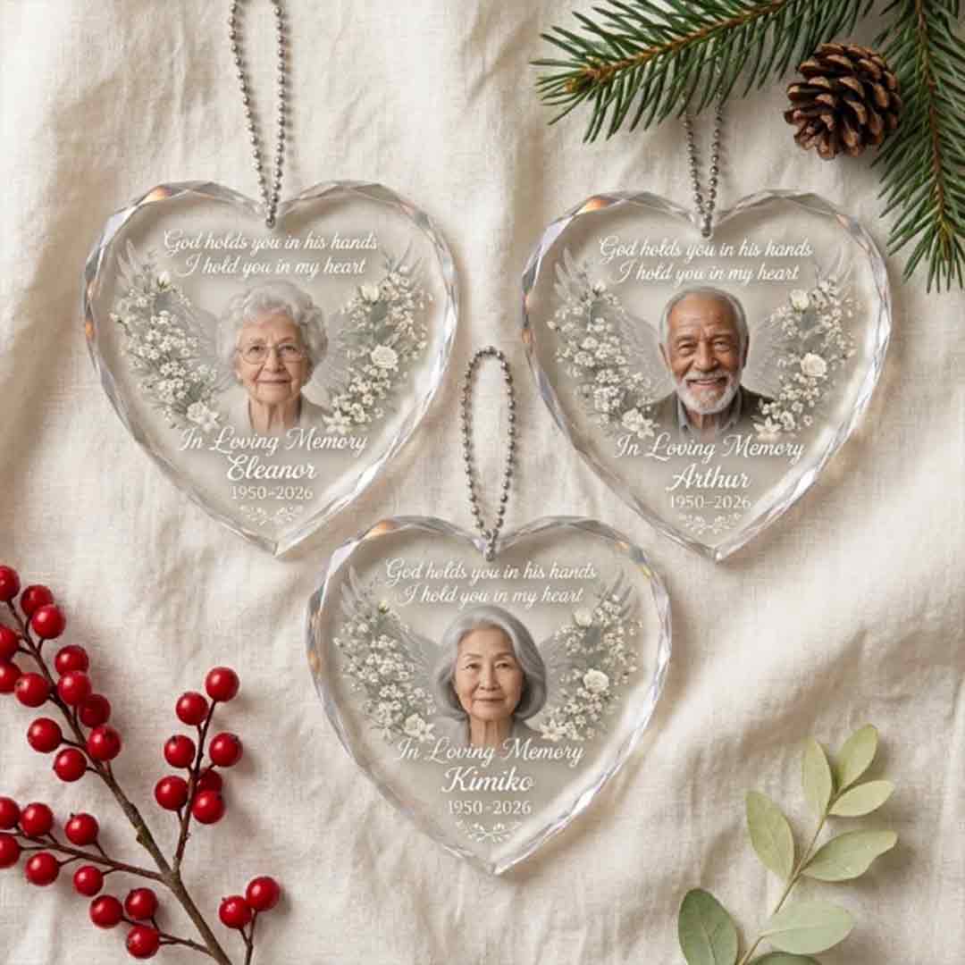 Memorial Angel Wings Floral Personalized Memorial Custom Name Date Photo In Loving Memory Gift Heart Glass Christmas Ornament