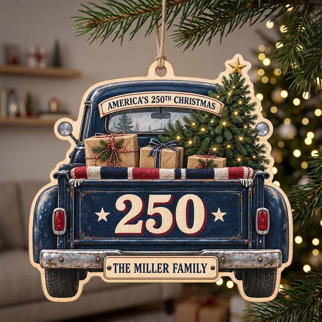 America's 250th Vintage Christmas Truck Patriotic Holiday Keepsake Personalized Custom Name Patriotic 1-Layer Wooden Christmas Ornament for American Pride
