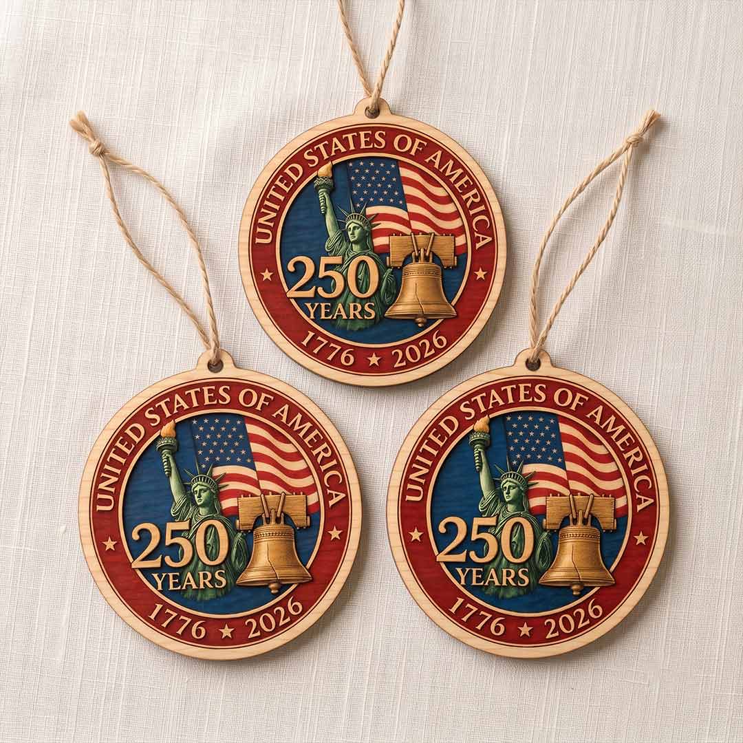 United States 250 Years Statue of Liberty and Liberty Bell 1776-2026 Patriotic Gift 1-Layer Wooden Christmas Ornament