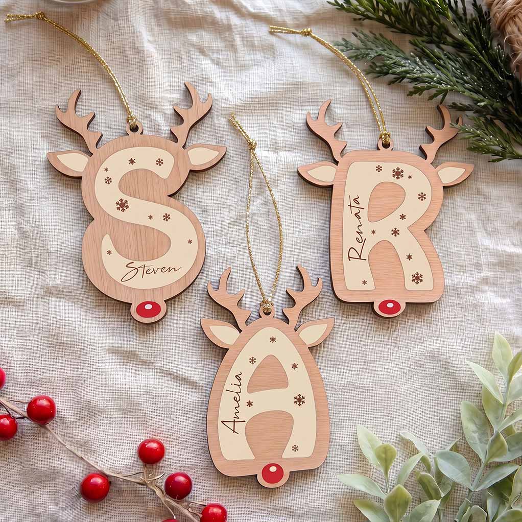 Reindeer Alphabet Christmas Initial Keepsake Personalized Custom Name Initial 1-Layer Wooden Christmas Ornament for Kids Gift