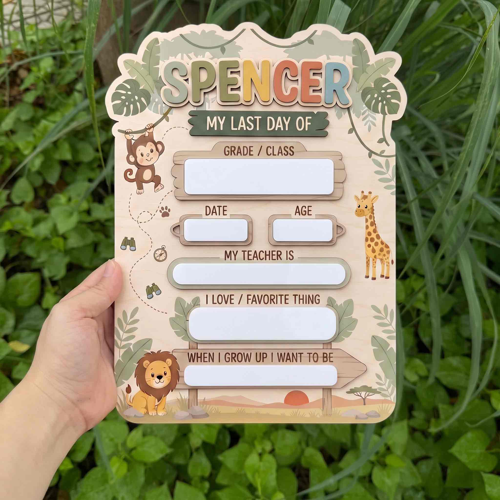 Personalized Safari Jungle First & Last Day School Sign, Reusable Dry Erase Board, Back to School Sign