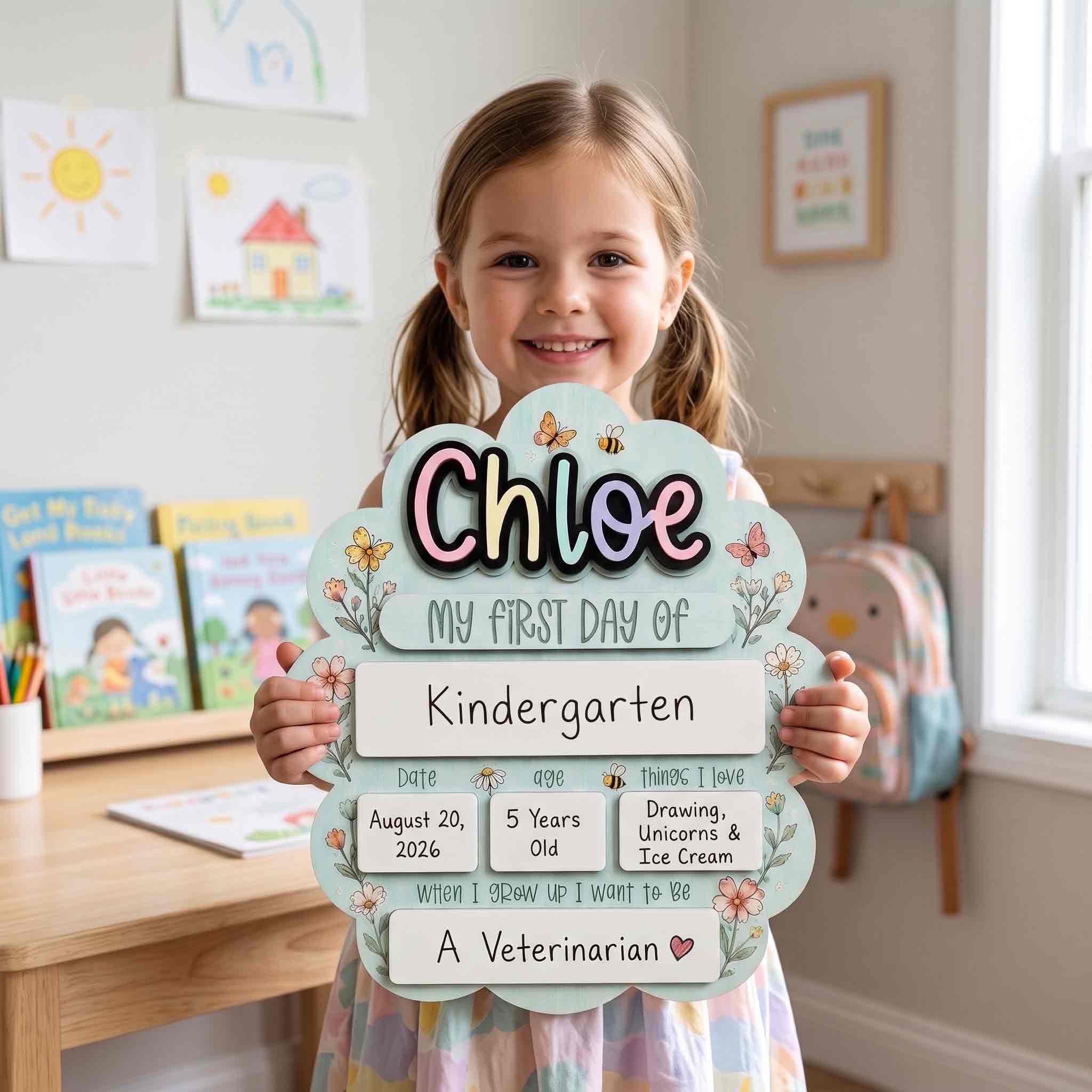 Personalized Floral Cloud First & Last Day School Board, Reusable Dry Erase Board, Back to School Sign