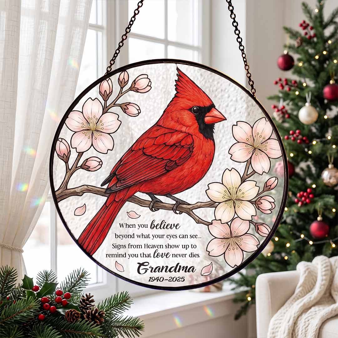 Grandma Memorial Cardinal Personalized Custom Name Date Loved One Memorial Keepsake Stained Glass Suncatcher Ornament for Loss of Grandma