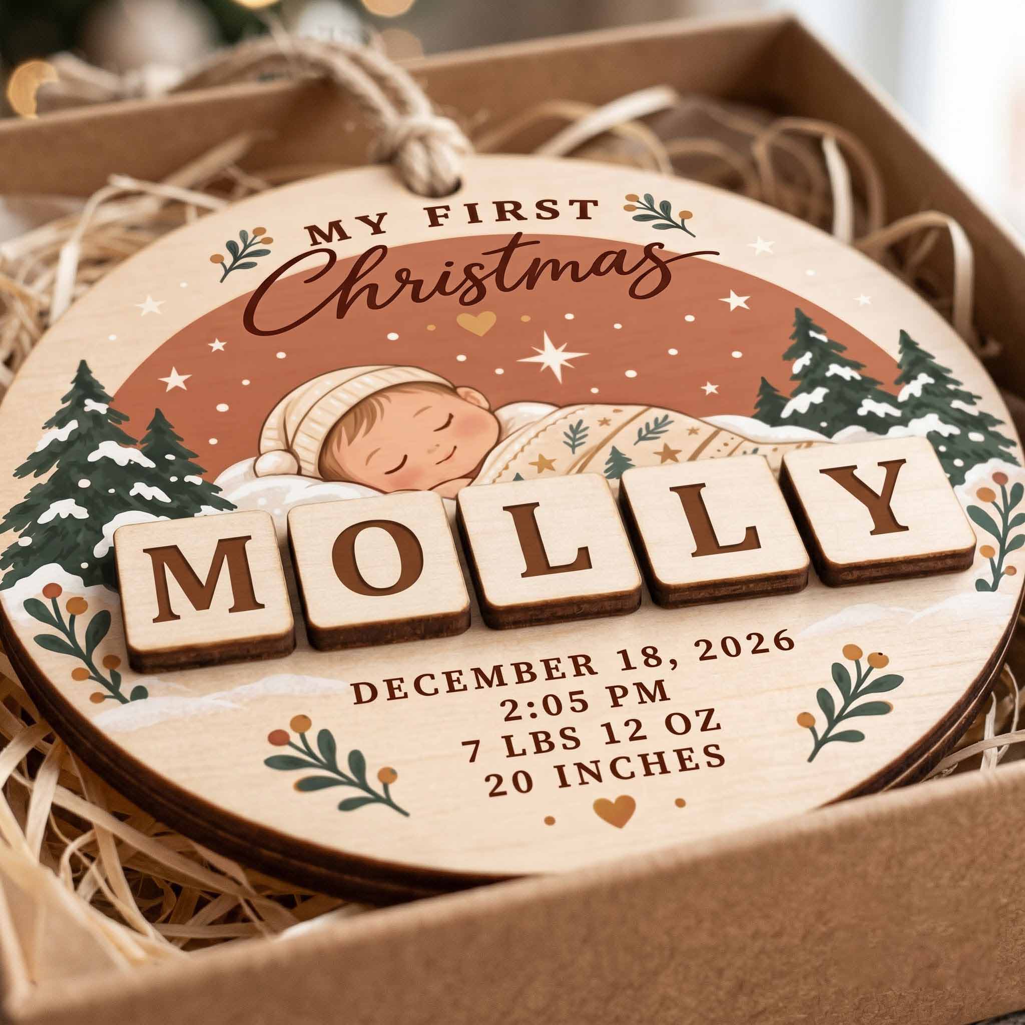 My First Christmas Baby Birth Stats Custom Name Date Newborn Baby Keepsake Wooden Christmas Ornament