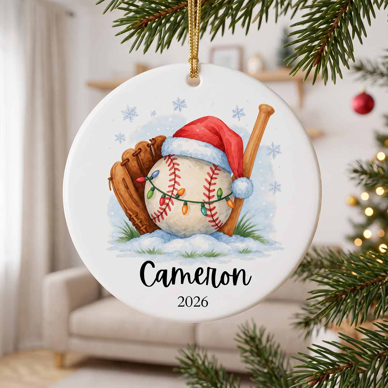 Baseball Christmas Santa Hat Custom Name 2026 Sports Kid Gift Round Ceramic Christmas Ornament