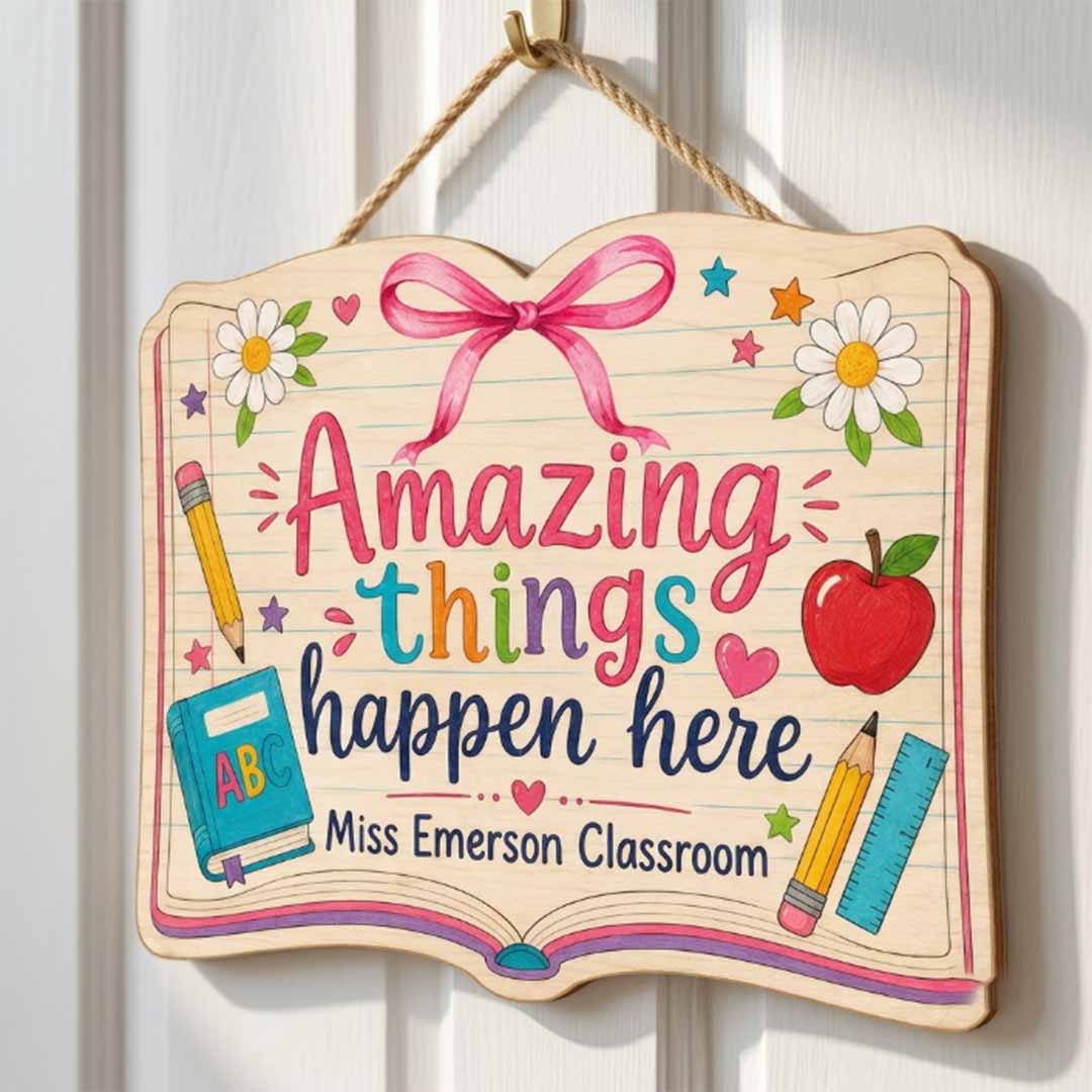 Personalized Teacher Name Wooden Sign Door Hanger Amazing Things Happen Here Wooden Classroom Decor, Back to School Sign